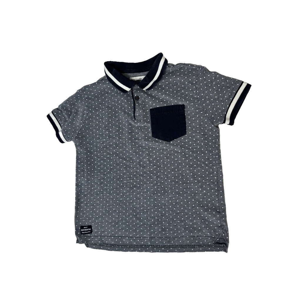 Zara Shirt Sleeve Polka Dot Polo Shirt Boys Sz 8 Ribbed Collar Cotton Gray white